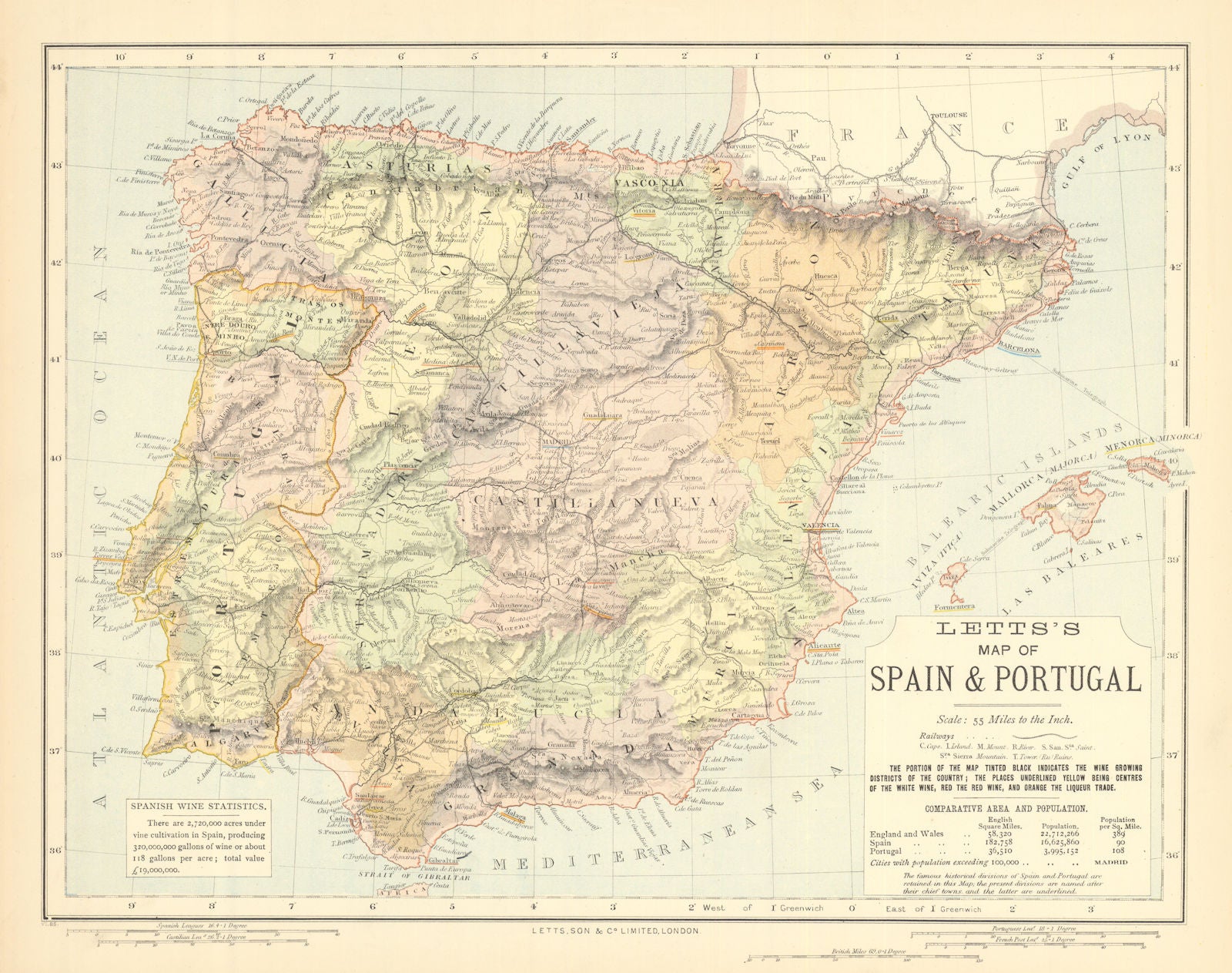 SPAIN & PORTUGAL showing red & white white & liqueur regions. LETTS 1892 map